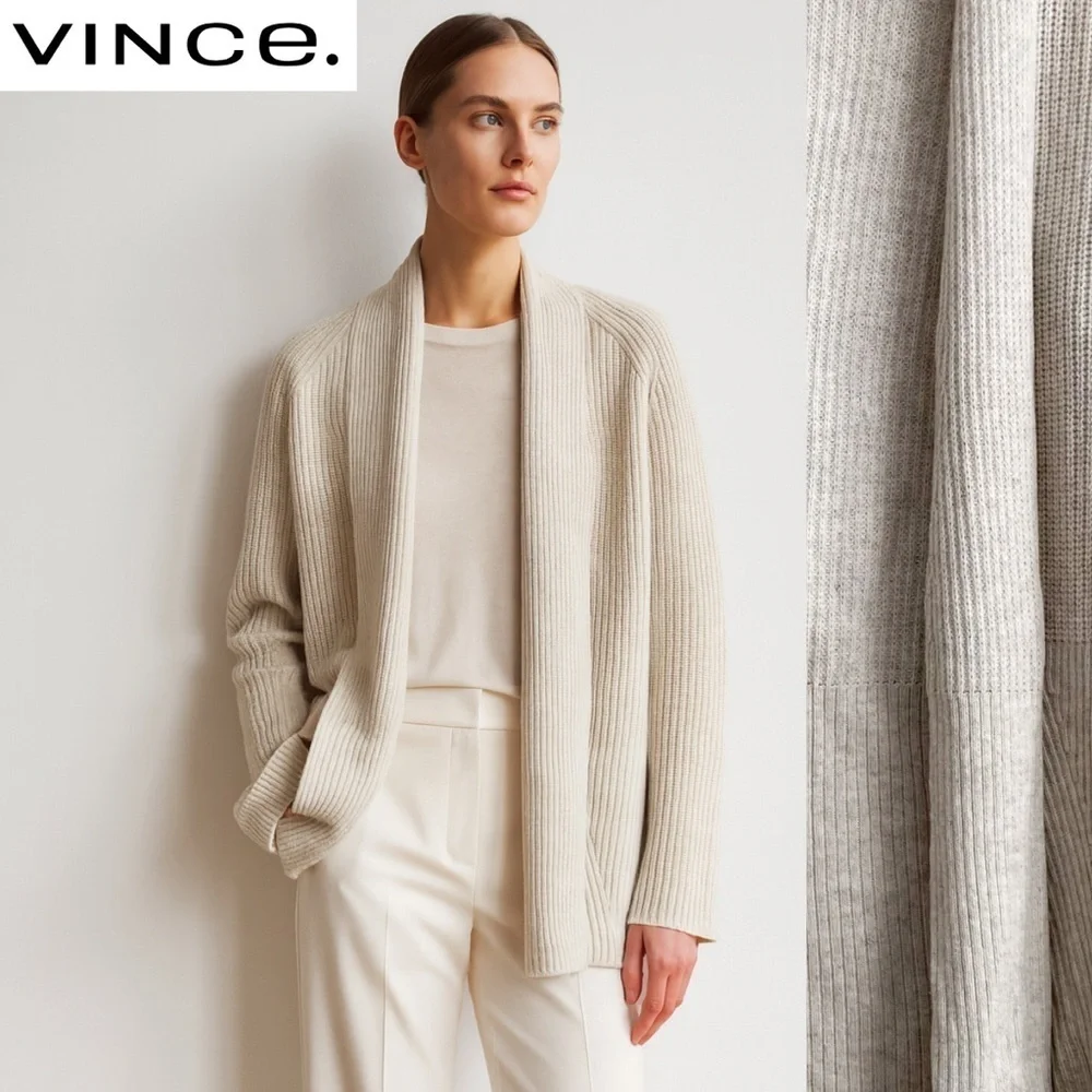 Vince Yak Wool Knit Ribbed Sweater Cardigan Cream Quiet Luxury Minimalist Cozy S